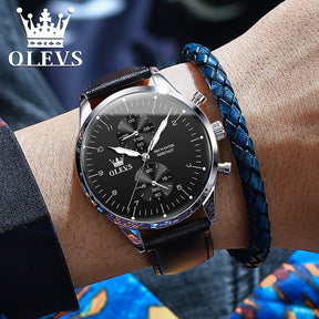 OLEVS Relógio Masculino Original Quartzo a Prova D'água Aço Inoxidável Couro 2880 42mm