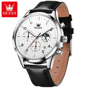 OLEVS Relógio Masculino Original Lunar Quartzo a Prova D'água Aço Inoxidável Couro 2882 42mm